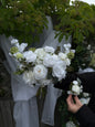 Garden white classic bridal bouquet with dahlias, roses, eucalyptus and berries 