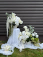 White hydrangeas, dahlias, hanging amaranthus and orchid modern wedding 