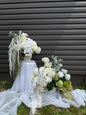 White hydrangeas, dahlias, hanging amaranthus and orchid modern wedding Floral decor