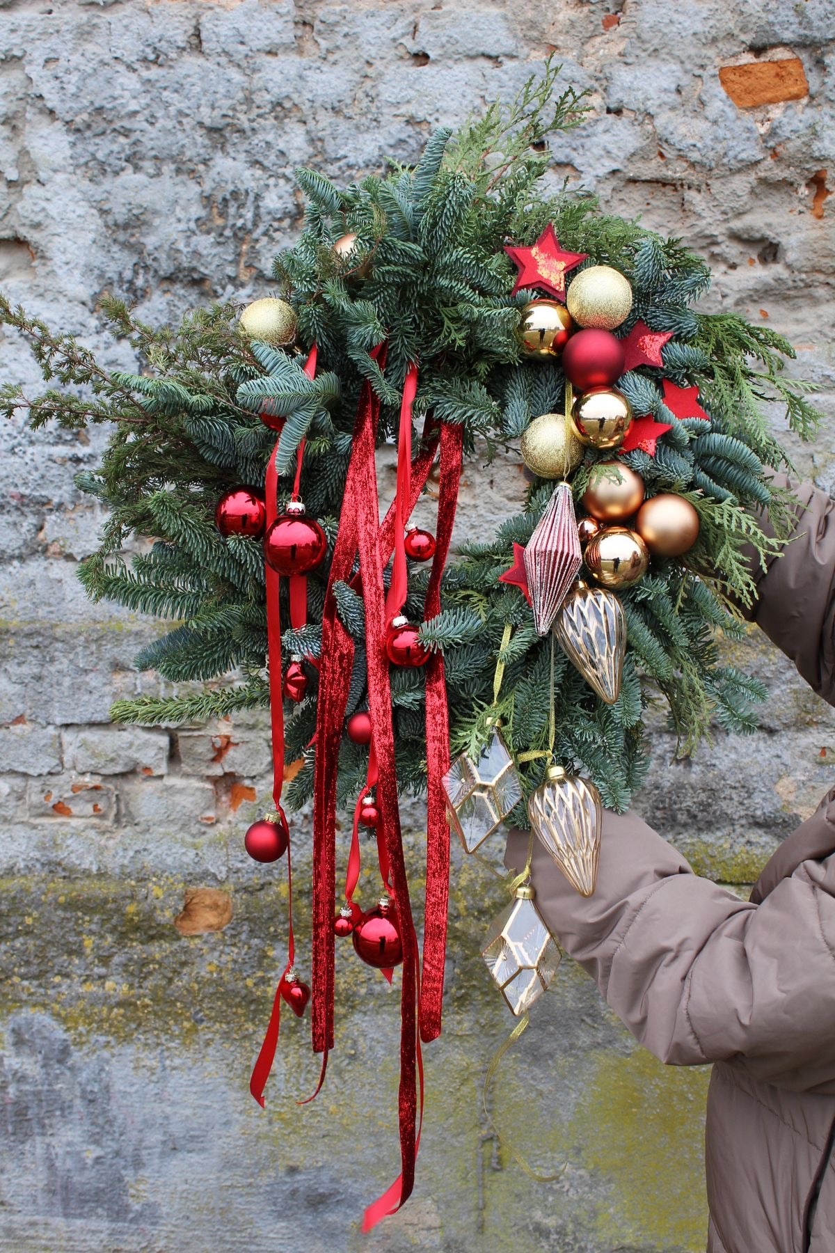 Fresh Christmas Wreath with Ornaments