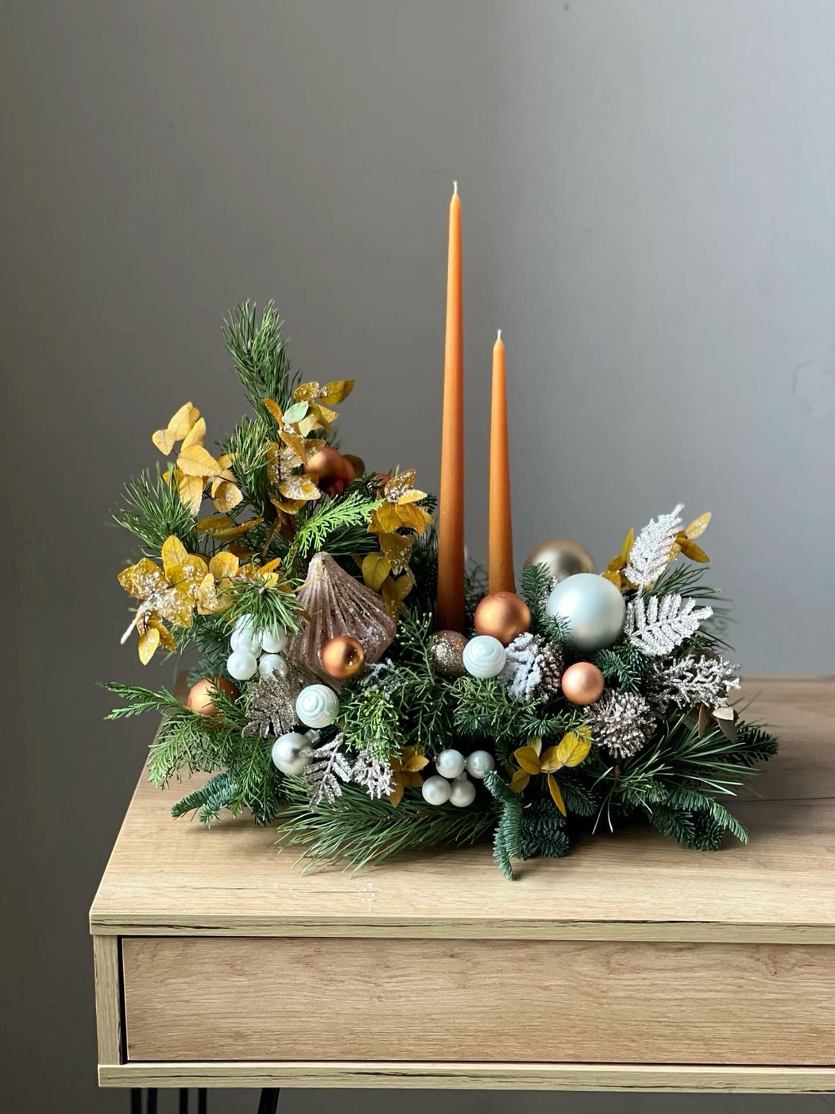 Christmas fresh winter greens centrepiece