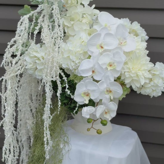 White hydrangeas, dahlias, hanging amaranthus and orchid modern wedding Decor, baby shower decor, engagement brunches decor